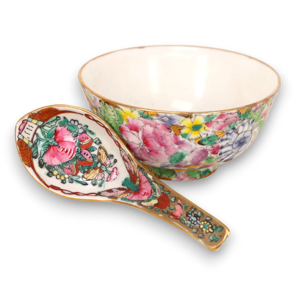 ACF Famille Rose Soup Bowl and Spoon 4 5/8" with Spoon Japan Hong Kong