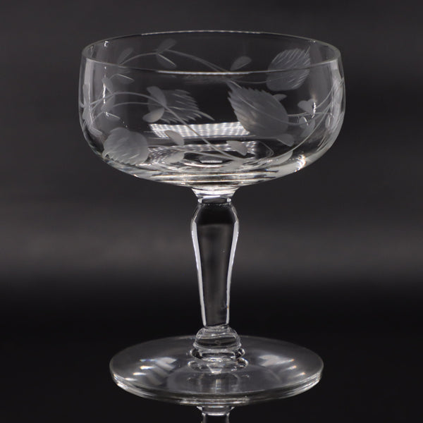 Glastonbury-Lotus 1500-3 Champagne Coupe Glass Grey Cut Leaf Etched Vintage