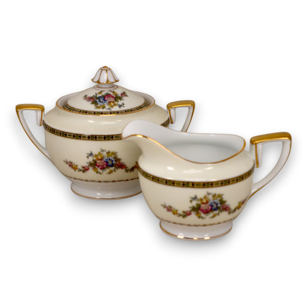 Noritake M Morimura Creamer Sugar Bowl Set Swag Plain Yellow Band Gold Trim 1933