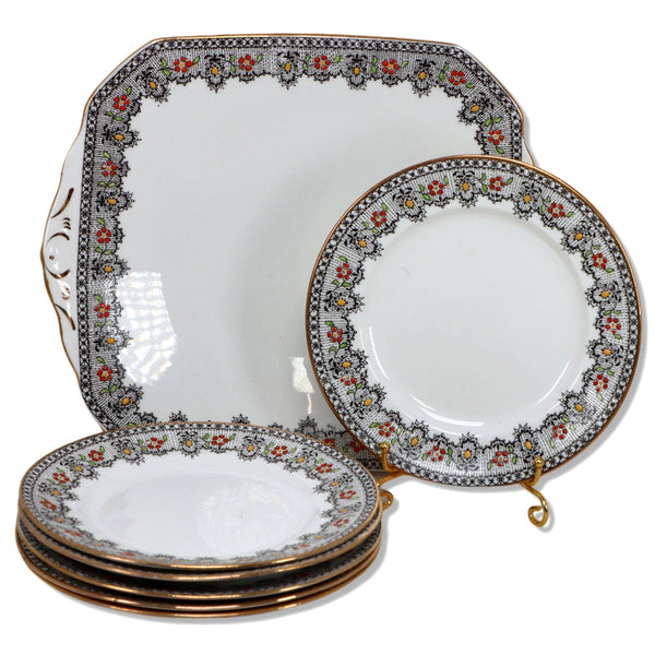 Celebrate 7pc  Bon Bon Plate and 6 Dessert Plate Set Black Lace band Vintage