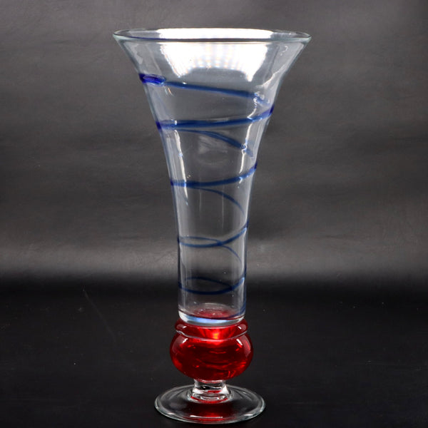 Art Glass Trumpet Vase 12" Blue Swirl Red Ball bottom Footed Hand Blown