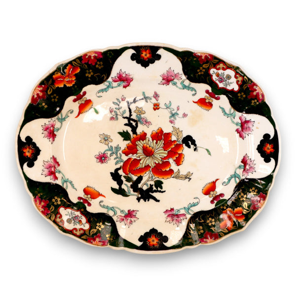 Mason's Ironstone Green Imari Style Floral Platter Scalloped Edge Antique c.1840