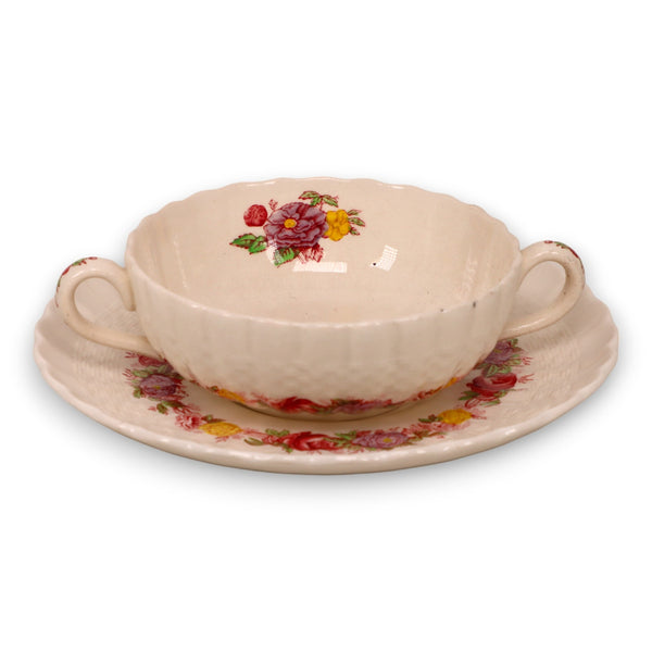 Copeland Spode Rose Briar Cream Bullion Soup Bowl Saucer Set England 1930's