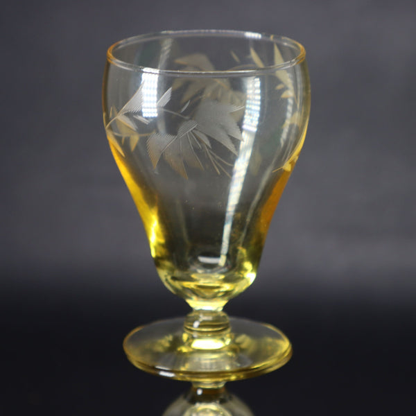 Lancaster Topaz Yellow Water Lilly Etched 3 3/4" Parfait Depression Glass 1920's