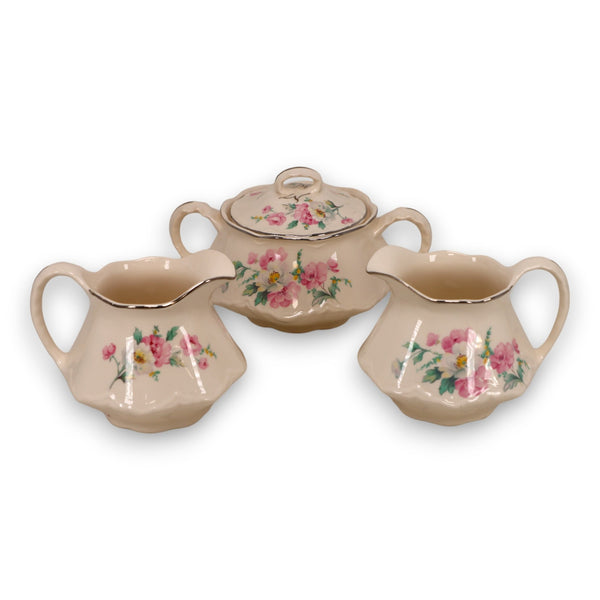 Homer Laughlin R3543 3pc Creamer Sugar Bowl Set Roses Platinum Trim USA 1930's
