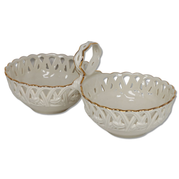Lenox Classics Handled Basket Weave Double Bowl Sachets Gold Trim Cream 9 1/4"