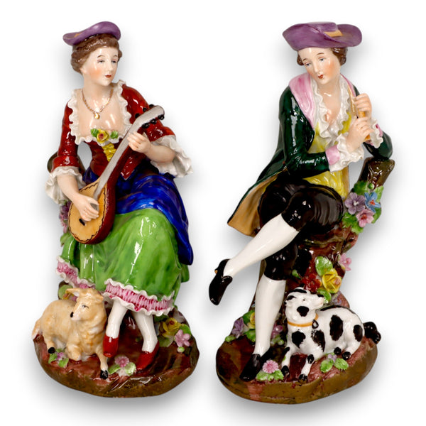 Sitzendorf Musician Couple Playing Flute and Mandolin Porcelain Figurine Germany