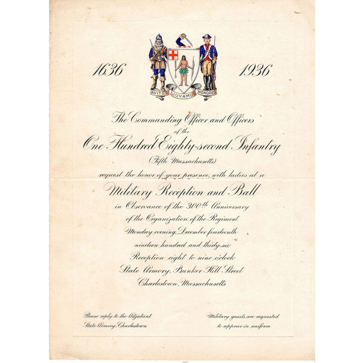 182nd Infantry Tricentennial 1636-1936 Ball Invitation and Ephemera of Division 1518