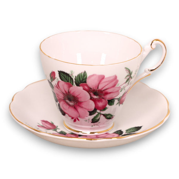 Regency Pink Flowers Footed Tea Cup Saucer Set England Vintage