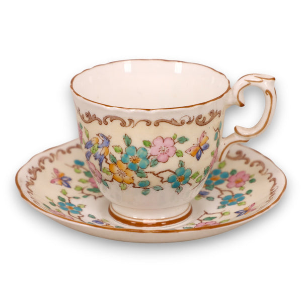 Crown Staffordshire 15663 Floral Footed Tea Cup Saucer Set England Vintage