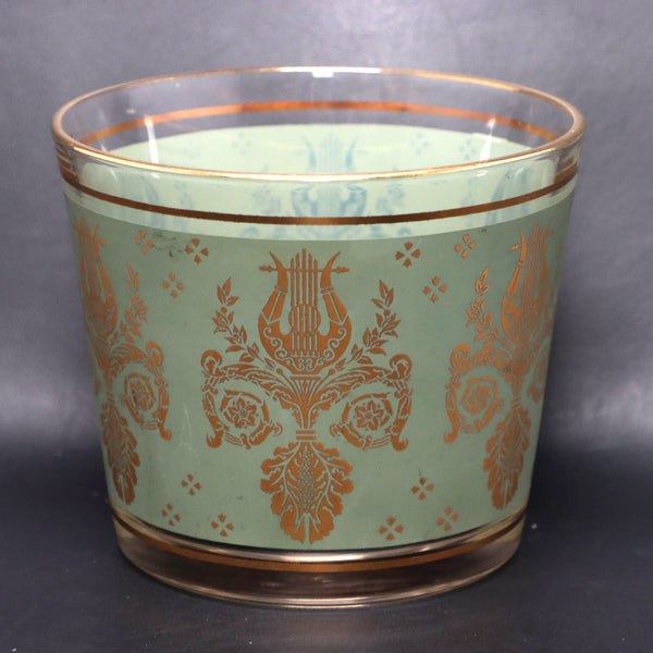 Jeanette Gold Laurel Lyre Green 22kt Ice Bucket Vintage Glass MCM 1950's