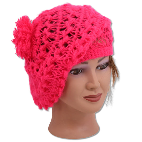 Open Lacey Crochet Knitted Pink Slouchy Tam Hat Pom Pom Top Hand Made