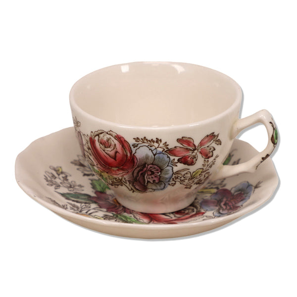 Johnson Bros Sheraton Tea Cup Saucer Set Roses on Cream Vintage 1940's