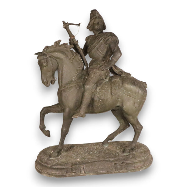 Quentin-Durward 17" Soldier on Horseback Victorian Spelter Statue After Laurent
