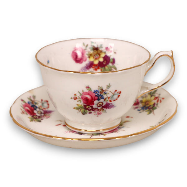 Hammersley Minuet Floral Sprays Footed Tea Cup Saucer Set England Vintage
