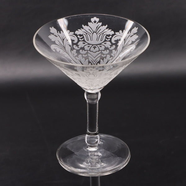 Etched Rococo Martini Glass 5 1/2" Double Knobbed Stem Vintage