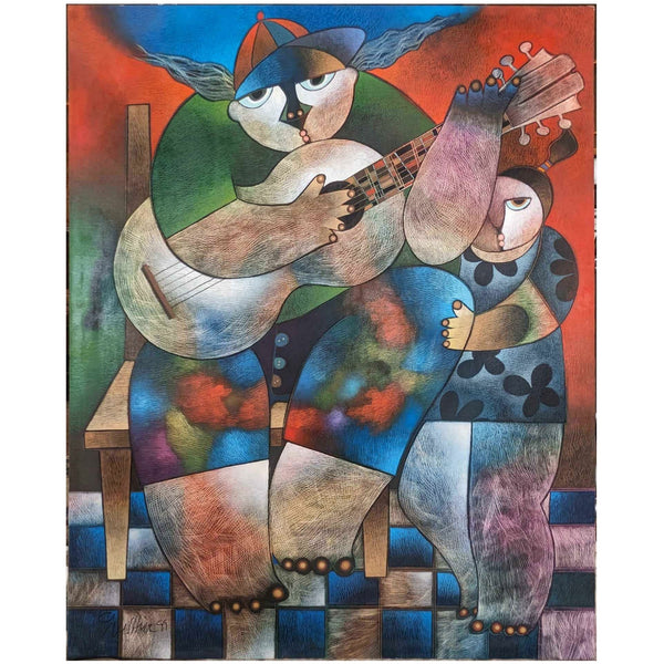 Orestes Gaulhiac Man with Guitar Oil on Canvas Cuban Original 39x32 1999