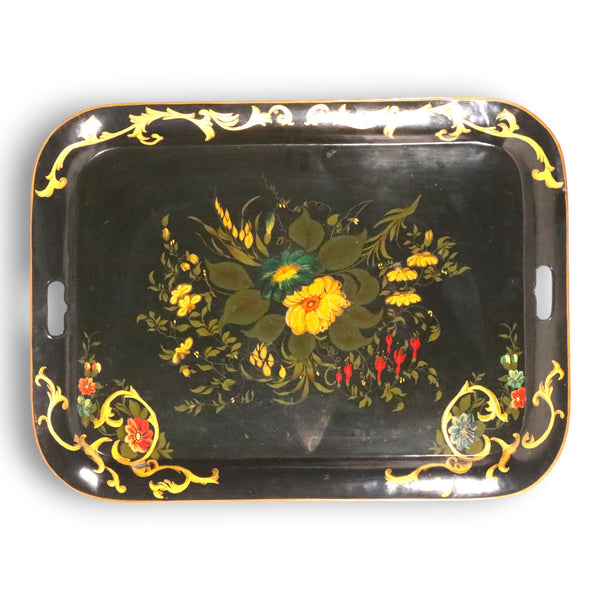 Toleware Large Hand Painted Floral Metal Tray 24x18 Gilt Scrolls Vintage 1940's