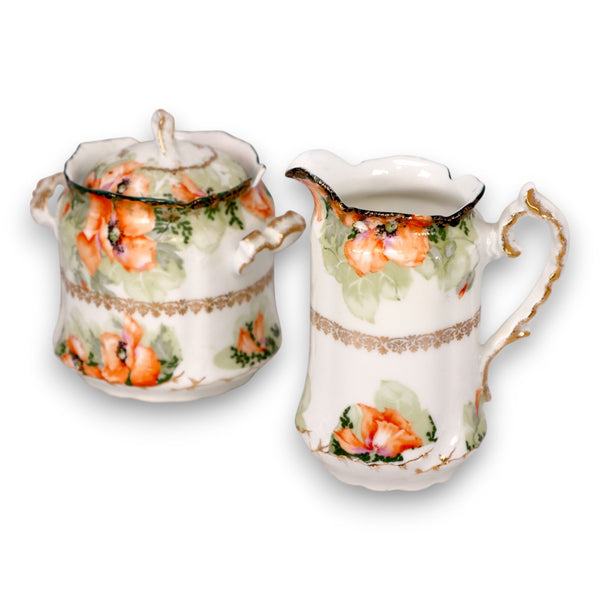 Jaeger JAE67 Malmaison, Orange Flowers Filigree Band Cream and Sugar Bowl 1800's