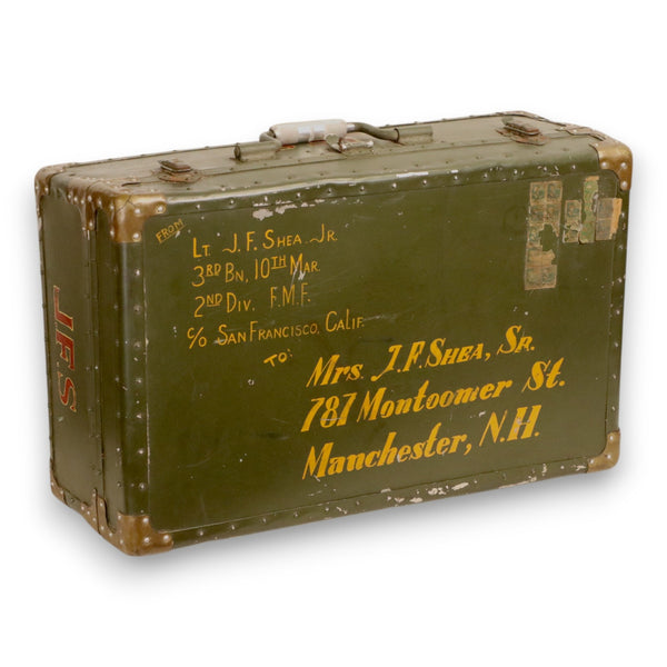 WWII USMC Officer Footlocker Trunk Olive Green Aluminum Suitcase 26" Vintage