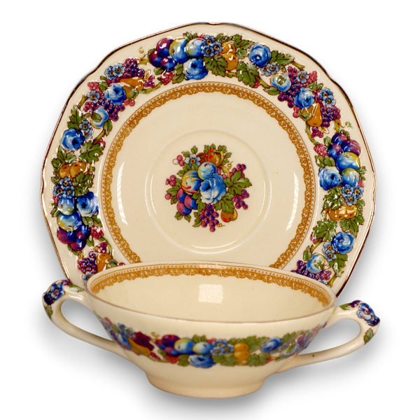 Crown Ducal Florentine Bouillon Cup & Saucer Vintage England c.1930s