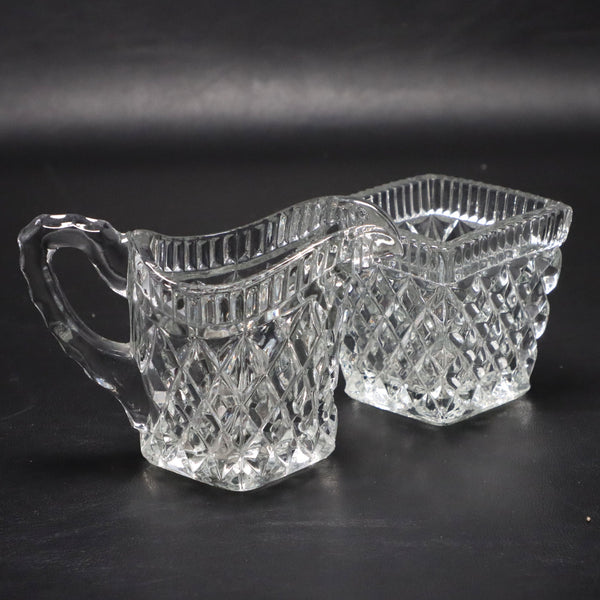 Diamond Point and grooved Rim Creamer and Sugar Bowl Glass Set Vintage