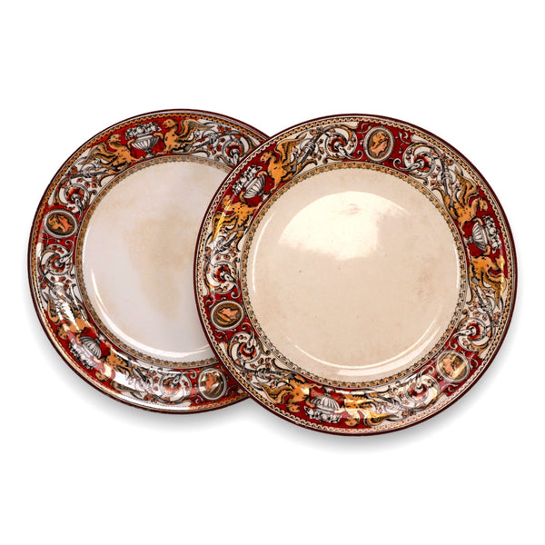Minton 2pc Florentine Red C495 Luncheon Plate 9" England Griffins Antique 1862