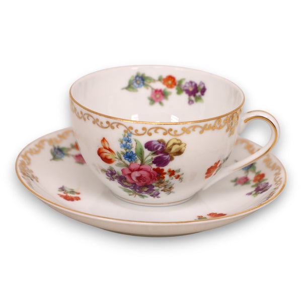 Noritake Dresdoll Floral Gold Rim Flat Tea Cup Saucer Set Japan Vintage 1950's