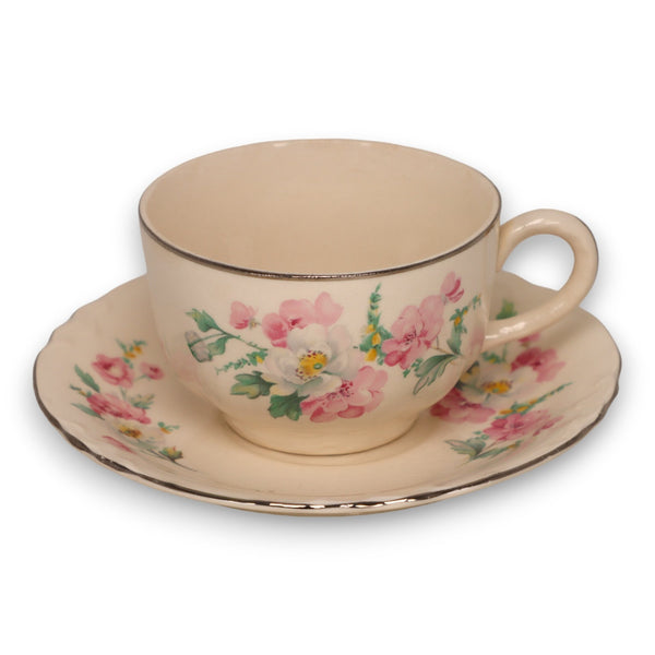 Homer Laughlin R3543 Tea Cup Saucer Set  Roses Platinum Trim USA Vintage 1930's