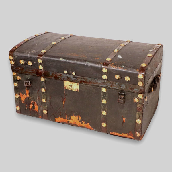 Civil War Era Brass Buttoned Leather Paneled Antique Stagecoach Trunk C. 1850's