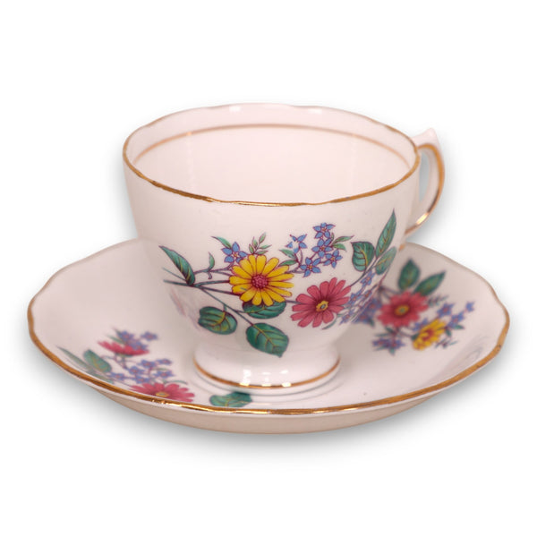 Royal Vale 6921 Yellow Pink Flower Footed Tea Cup Saucer Set England Vintage
