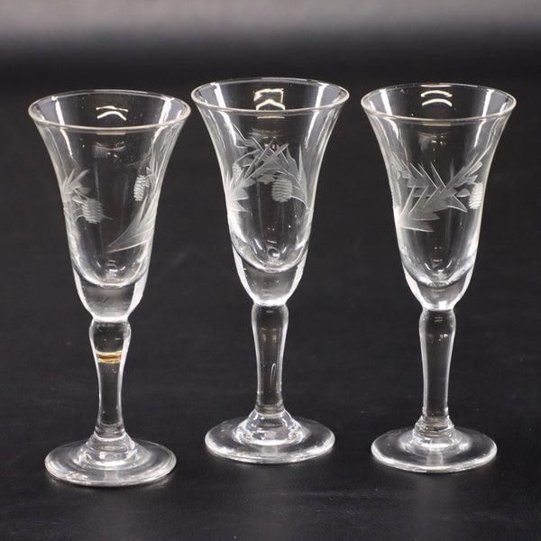Wheat Etched 3pc Set Fluted Cordial Liqueuer Crystal Glass 4" Vintage 1940's