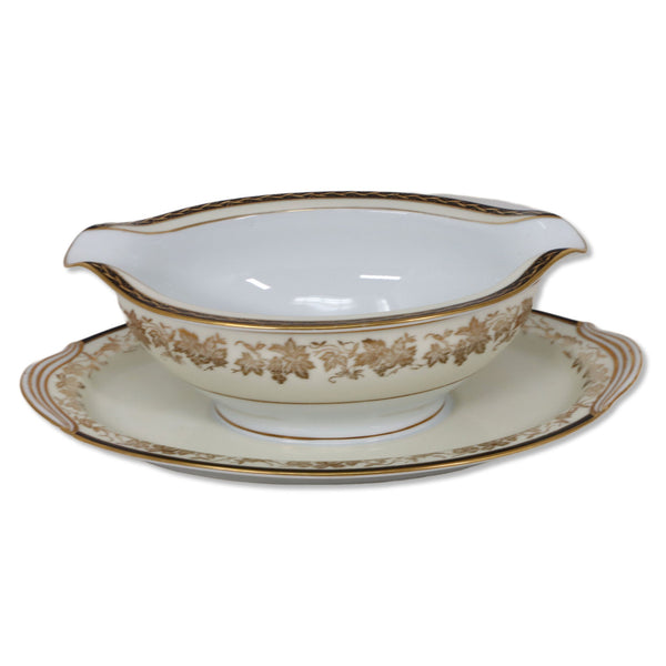 Noritake Bordeaux 5496 Gravy Boat Attached Underplate Black Band Gold Rim 1950's