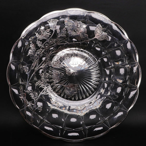 Silver City Flanders Poppy Sterling Silver Overlay 11”Optic Glass Sandwich Plate