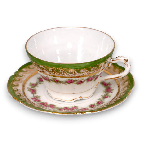 Pink Roses on Green Gold Footed Antique Tea Cup Saucer Set Antique
