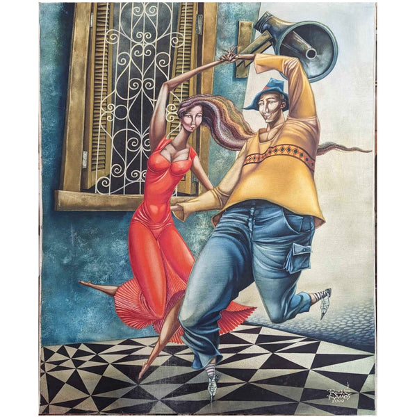 Rene Ramos Bailando Con La Noticia 39x32 Oil Canvas Original Cuban Art Painting