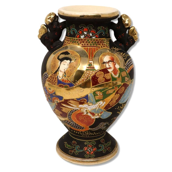 Satsuma Fu Foo Dog 10” Signed Vase Handled Footed Enamel Gold Moriage Ceramic
