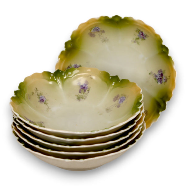 RS Prussia 6pc Set Cereal Bowl Scalloped Floral Shape Germany Late 1800's