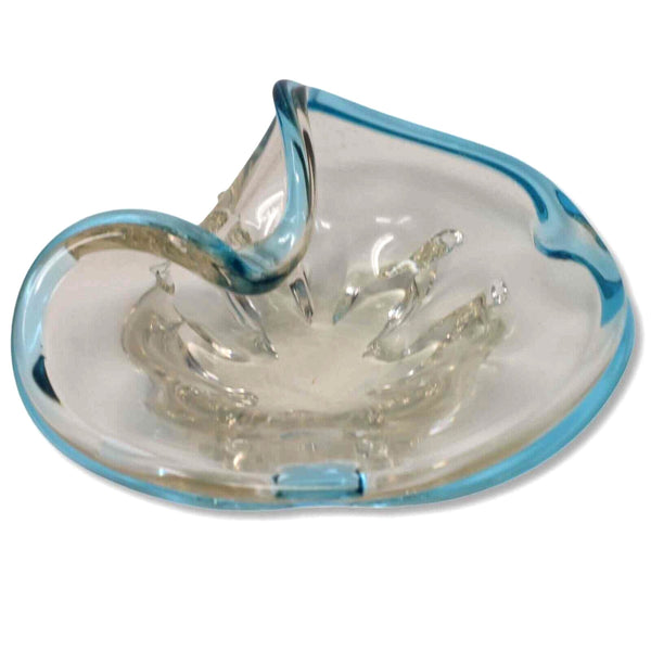 Art Glass Aquamarine Blue Rim Bent Contour Glass Ashtray Candy Dish 7x6 Vintage