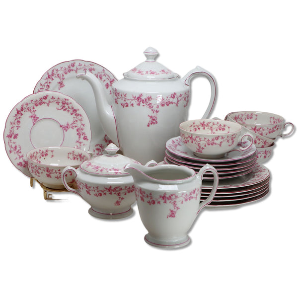 KPM Krister 21pc Tea Set 6 Tea Cup Dessert Plate Creamer Sugar Pink Poland 1920