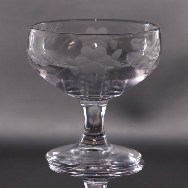 Flower and Wheat Etched Champagne Low Sherbet Glass Vintage