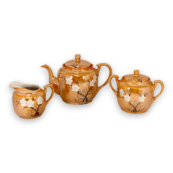 Nippon Hand-Painted Lusterware Teapot with Creamer & Sugar Bowl Antique 1900s