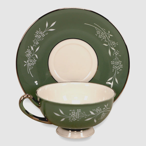 Syracuse Candlelight White Flowers on Green Rim Footed Tea Cup and Saucer Set