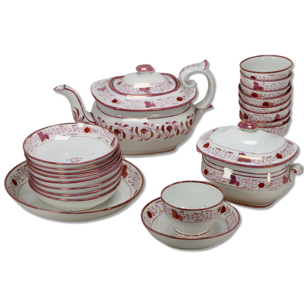 Sunderland 21pc Pearlware Pink Lustre Tea Set London Shape Pot England Antique
