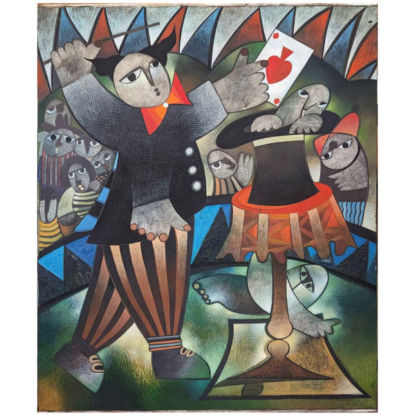 Orestes Gaulhiac Kids at Circus 48x40 Orig Cuban Art Painting Oil Canvas 1999