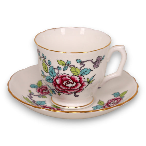 Staffordshire Mandarin Tea Cup Saucer Set Mums Floral Gold Trim England Vintage