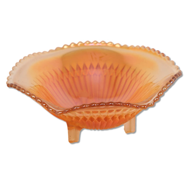 Jeannette Anniversary Iridescent Marigold Carnival Glass 3 Toed Candy Dish 1965