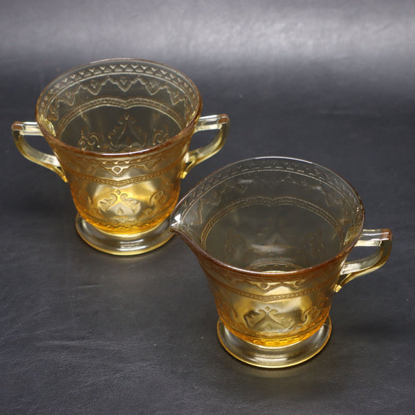 Federal Patrician Amber Creamer Sugar Bowl Set Depression Glass Vintage USA