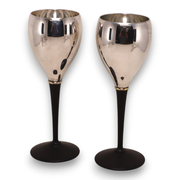 Lexox 2pc Kirk Stieff Silver Plated Gold Ring Black Stem Wine Goblet 8" Vintage