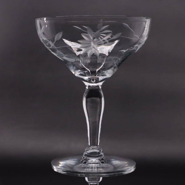 Wheel Cut Etched Wheat Crystal Champagne Coupe Low Sherbet Glass 4 1/2" Vintage